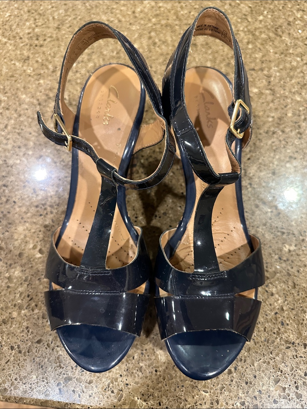 Clarks Navy Patent Leather T-Strap Heeled Sandals